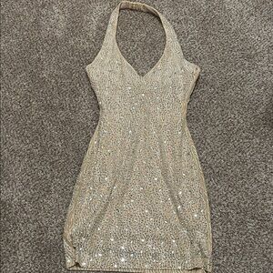 Elegant Tan Sequin Halter Dress